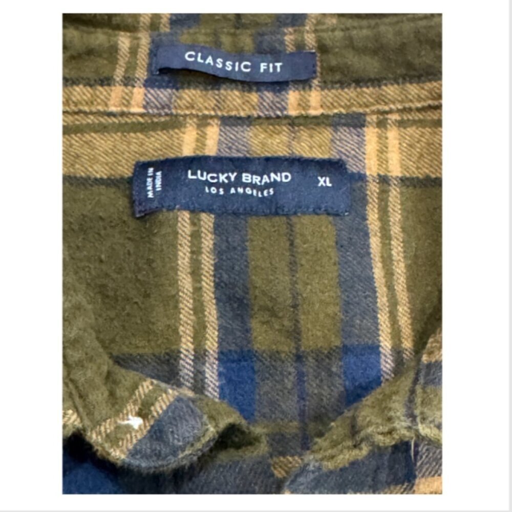 Lucky Brand Harvest Green Blue and Brown Flannel Plaid Button Down - Picture 4 of 5
